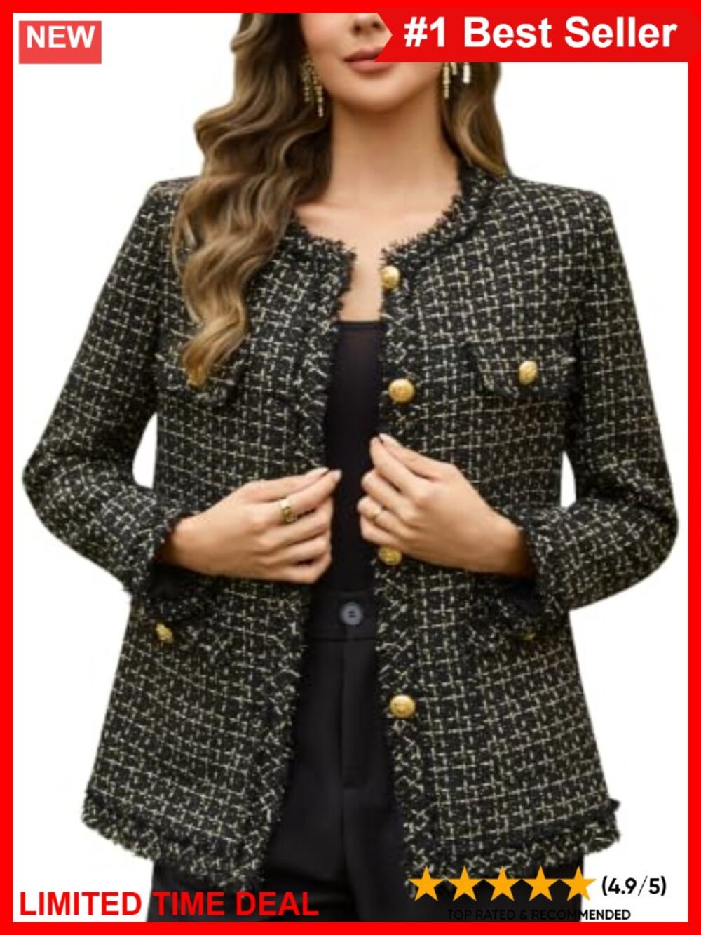 Women's Tweed Blazer Collarless Long Sleeve Jacket